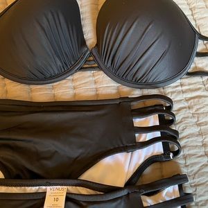 Venus Two Piece Black Halter Tie Bathing Suit/Top 34DDD, Two Size 10 Bottoms